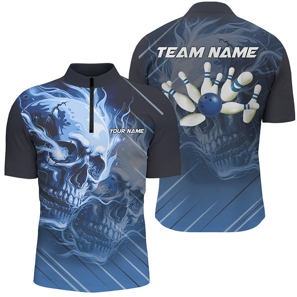 Maxcorners Personalized Skull Bowling Polo Shirts For Men Custom Team Flame Bowler Jerseys | Blue