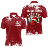 Maxcorners Red Christmas Bowling snowflake Men's Bowling Polo, Quarter Zip shirts Custom Xmas Bowling Outfits TU2310