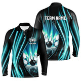 Maxcorners Cyan Blue And Black Light Polo, Quarter Zip Shirts Custom Bowling Team Jerseys, Gift For Bowlers