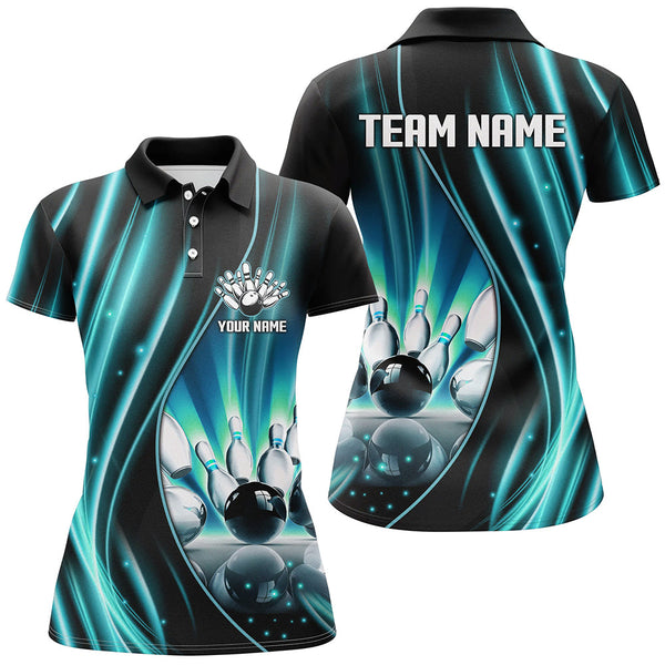 Maxcorners Cyan Blue And Black Light Polo, Quarter Zip Shirts Custom Bowling Team Jerseys, Gift For Bowlers