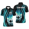 Maxcorners Cyan Blue And Black Light Polo, Quarter Zip Shirts Custom Bowling Team Jerseys, Gift For Bowlers