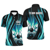 Maxcorners Cyan Blue And Black Light Polo, Quarter Zip Shirts Custom Bowling Team Jerseys, Gift For Bowlers