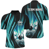 Maxcorners Cyan Blue And Black Light Polo, Quarter Zip Shirts Custom Bowling Team Jerseys, Gift For Bowlers