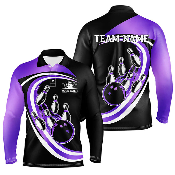 Maxcorners Black And Purple Bowling Polo, 1/4 Zip Shirt Custom Bowling Team League Jersey,Gift For Bowler