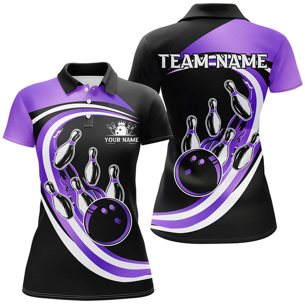 Maxcorners Black And Purple Bowling Polo, 1/4 Zip Shirt Custom Bowling Team League Jersey,Gift For Bowler