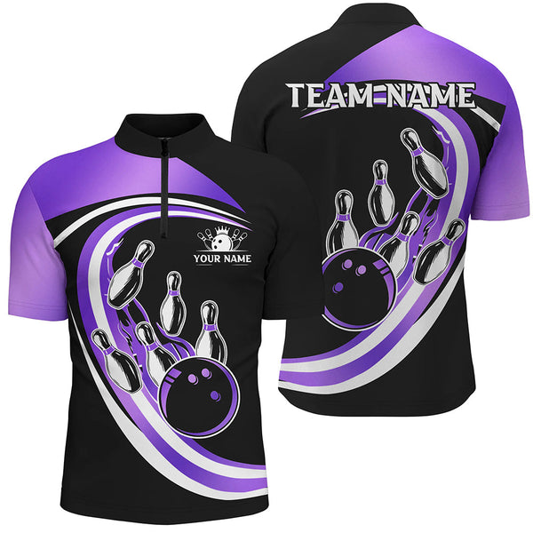 Maxcorners Black And Purple Bowling Polo, 1/4 Zip Shirt Custom Bowling Team League Jersey,Gift For Bowler