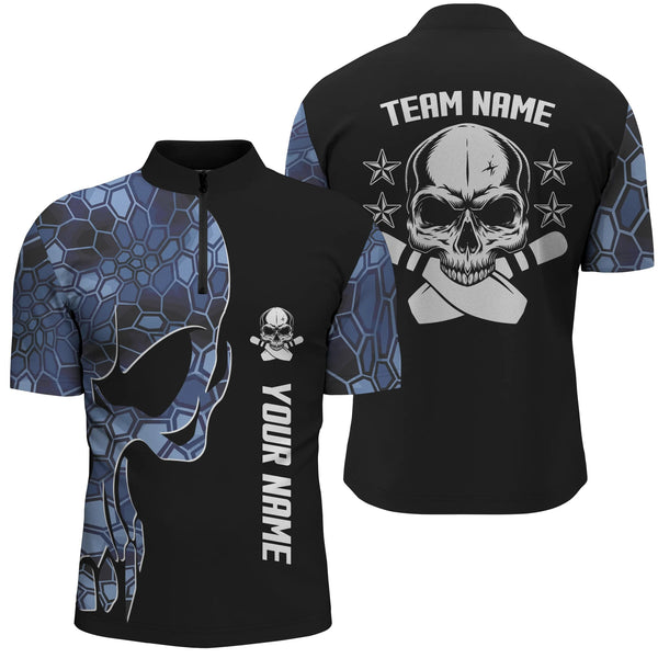 MaxCorners Bowling Ball And Pins Skull Blue Camo Black Customized Name, Team Name 3D Stand Collar Zipper Polo Shirt