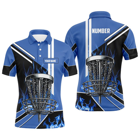 Maxcorners Mens disc golf polo shirt custom blue flame disc golf basket disc golf outfit, disc golf apparel MT0510
