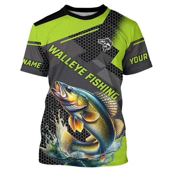 Maxcorners Personalized Walleye Fishing Jerseys, Walleye Long Sleeve Fishing Tournament Shirts | Green MT2108