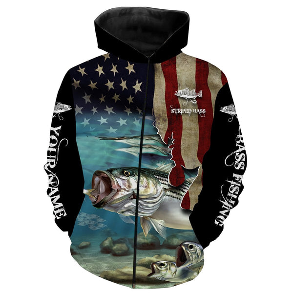 Maxcorners Striped Bass Striper Fishing 3American Flag Patriotic Customize Name 3D Shirts