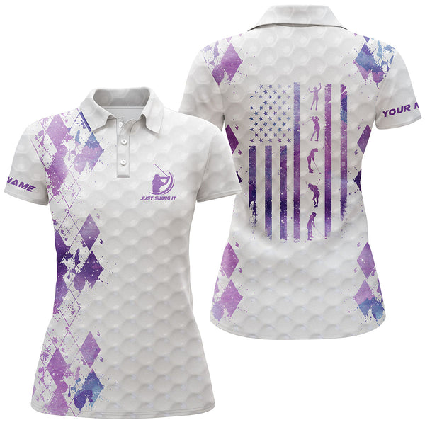 Max Corners Ust Swing It American Flag Patriotic Purple Galaxy Customized Name 3D Golf Polo Shirt For Women