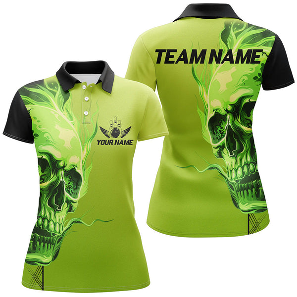 Maxcorners Custom Bowling Polo, Quarter Zip Shirts Green Flame Skull Team Bowling Jerseys Halloween Outfits