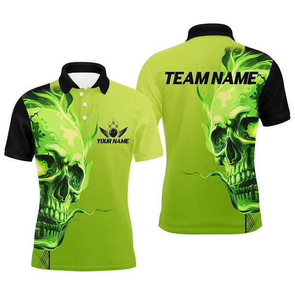 Maxcorners Custom Bowling Polo, Quarter Zip Shirts Green Flame Skull Team Bowling Jerseys Halloween Outfits