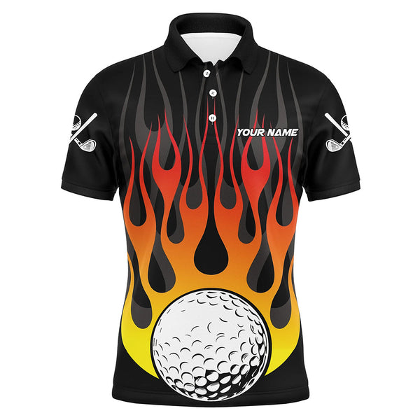 Maxcorners Orange Flame Golf Ball Black Men golf polo shirt custom golf tops for Men, gifts for the golfer