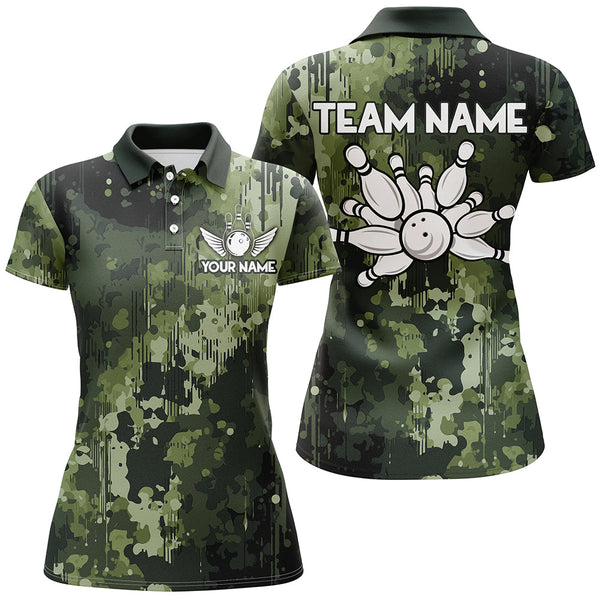 Maxcorners Green Camo Bowling Polo Shirts Custom Bowling Team Jerseys, Gift For Bowlers