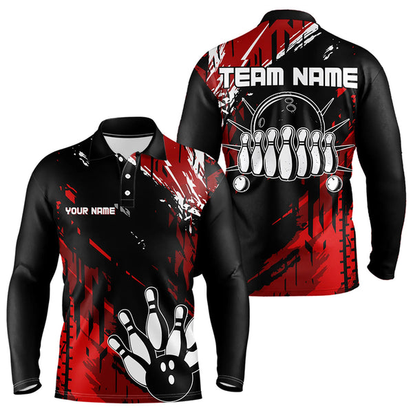 Maxcorners Black And Red Mens Bowling Shirts Custom Retro Bowling Ball And Pins Bowling Team League Jerseys