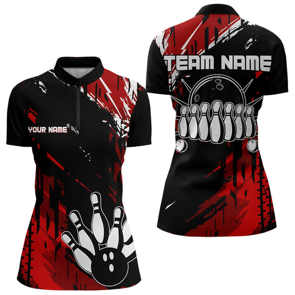 Maxcorners Black And Red Mens Bowling Shirts Custom Retro Bowling Ball And Pins Bowling Team League Jerseys