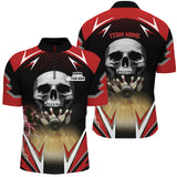 MaxCorners Bowling Ball And Pins Red And Black Bowling Skull Customized Name, Team Name 3D Stand Collar Zipper Polo Shirt