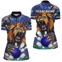 Maxcorners Blue Camo Lion roar Bowling Polo, Quarter Zip Shirts for Women Custom Lion Bowling Team jerseys