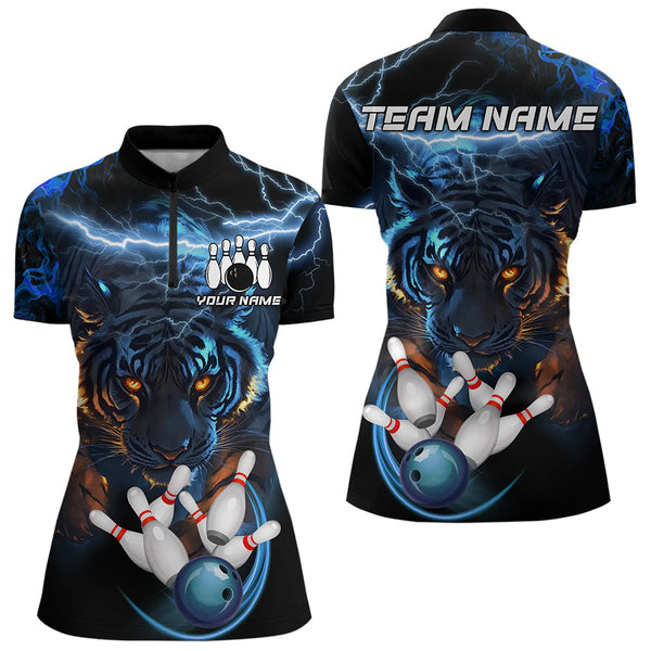 Maxcorners Personalized Blue Lightning Thunder Storm Tiger Bowling Shirts For Men Custom Bowling Team Jerseys