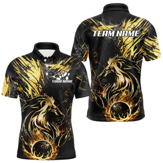 Maxcorners Black and Gold Lion Bowling Polo, 1/4 Zip Shirt for Men Custom Lion Bowling Team jerseys LM2602
