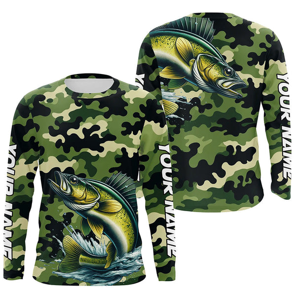 Maxcorners Black Green camo Walleye fishing Custom Long Sleeve Tournament Fishing Shirts, Walleye fishing Jerseys MT2108