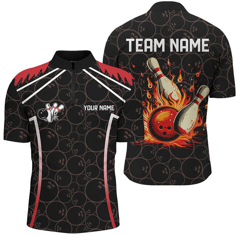 MaxCorners Bowling And Pins Black Camo Customized Name, Team Name 3D  Stand Collar Zipper Polo Shirt For Men