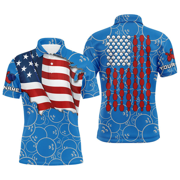 Maxcorners American Flag Blue Camo Bowling Shirt For Men Custom Polo, Quarter Zip Shirts, Team Patriots Bowlers