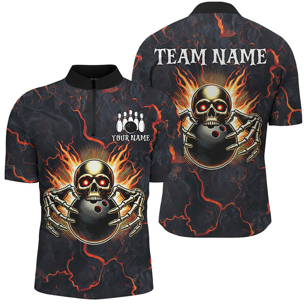 Maxcorners Custom Bowling Shirt for Men Personalized Skull Bowling Jersey Bowling Team League Polo, 1/4 Zip Shirt