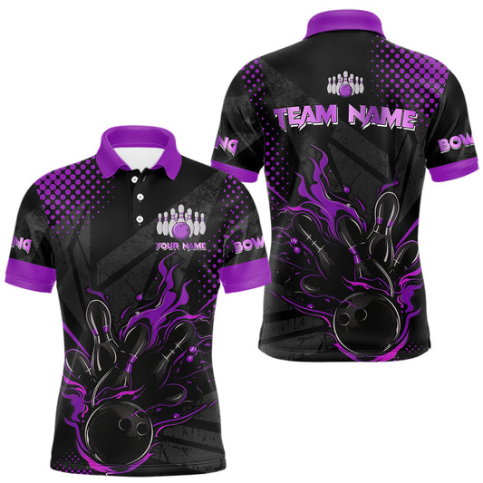 Maxcorners Personalized Black and Purple Flame Bowling Polo, 1/4 Zip Shirts For Men, Custom bowling Team Jerseys LM1903