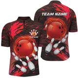 MaxCorners Bowling And Pins Red Camo Customized Name, Team Name 3D Stand Collar Zipper Polo Shirt For Men