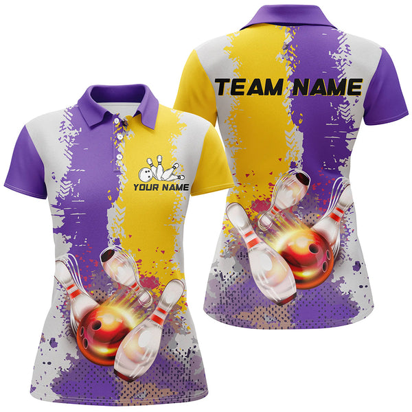 Maxcorners Bowling Ball And Pins Yellow And Purple CamoCustomized Name, Team Name 3D Shirt