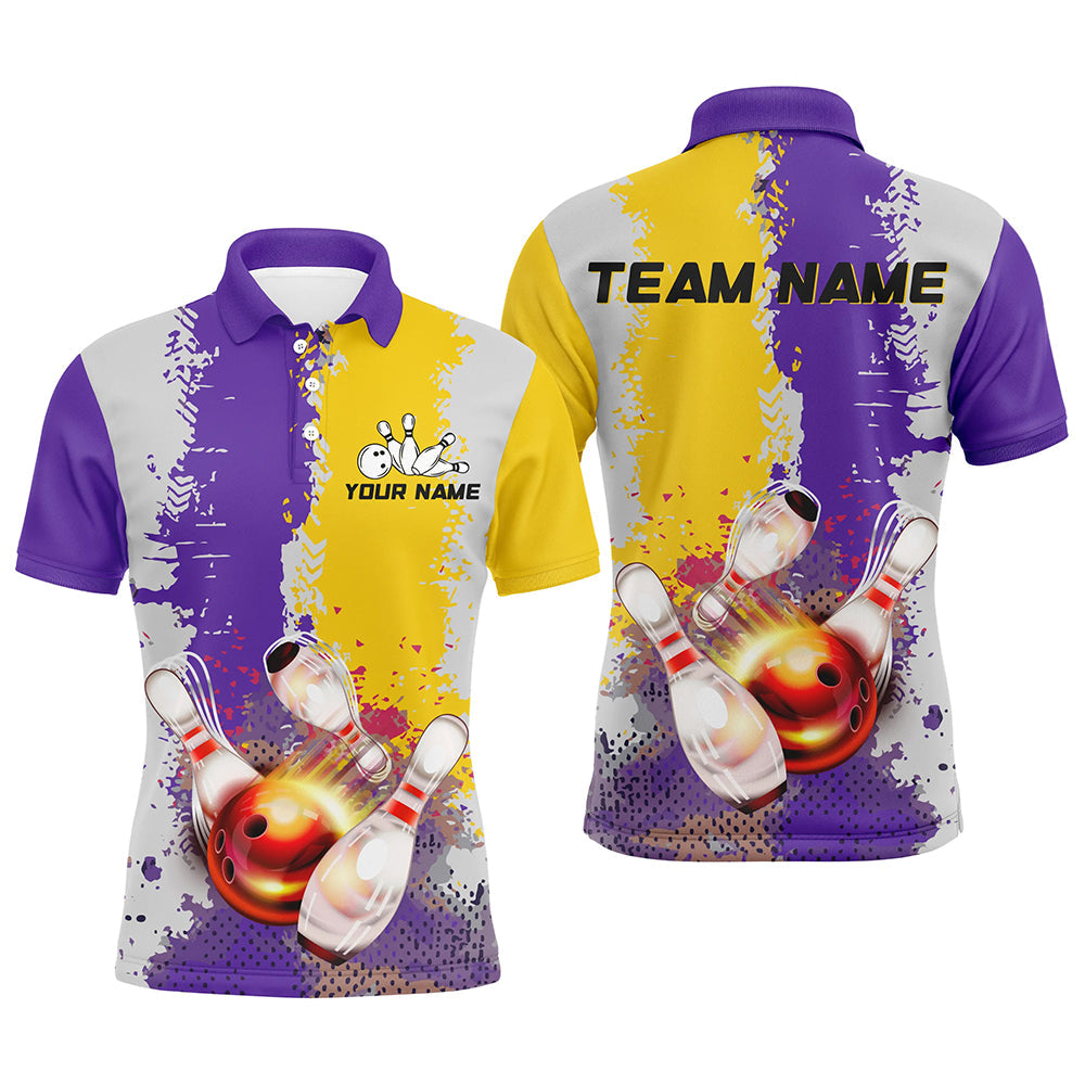 Maxcorners Bowling Ball And Pins Yellow And Purple CamoCustomized Name, Team Name 3D Shirt