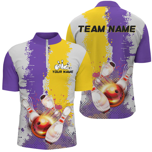 Maxcorners Bowling Ball And Pins Yellow And Purple CamoCustomized Name, Team Name 3D Shirt