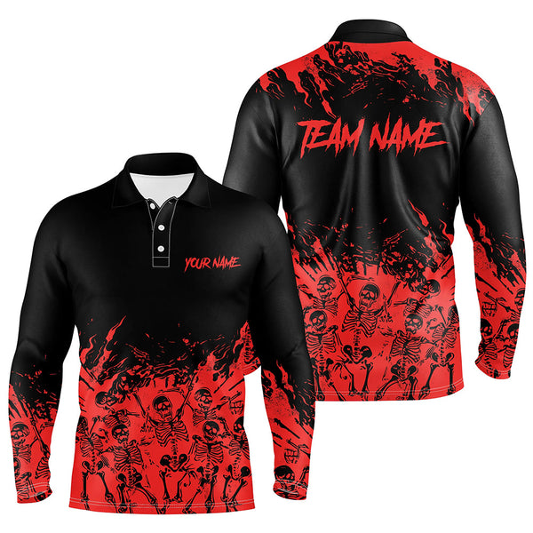 Maxcorners Red and Black Bowling Polo, Quarter zip Shirts custom Skull Halloween bowling team jerseys