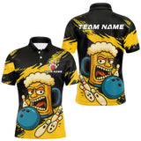 Maxcorners Black And Yellow Funny Beer Bowling Men Polo, 1/4 Zip Shirts Custom Angry Beer Glass Bowling Jersey LM0210