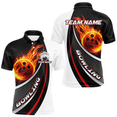 Maxcorners Personalized Black & White Red Flame Bowling Polo, 1/4 zip Team Shirts For Men, Gifts For Bowlers