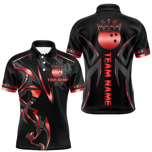 Maxcorners Black and Red crown Bowling ball Polo, Quarter Zip Shirts for Men Custom Bowling Team jerseys