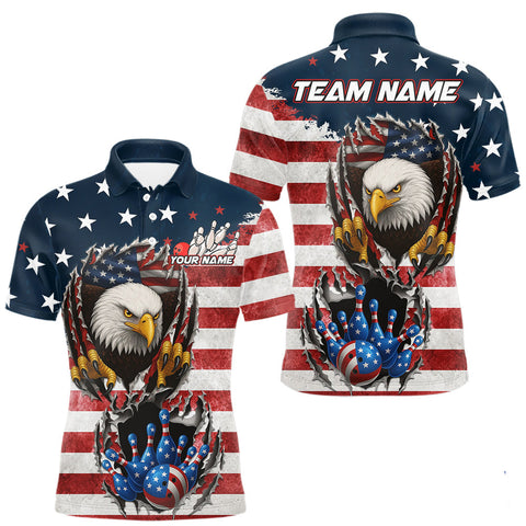 Maxcorners Vintage American Flag Eagle Bowling Polo, 1/4 Zip Shirt for Men Custom Patriotic Team Bowling Jersey MT2808