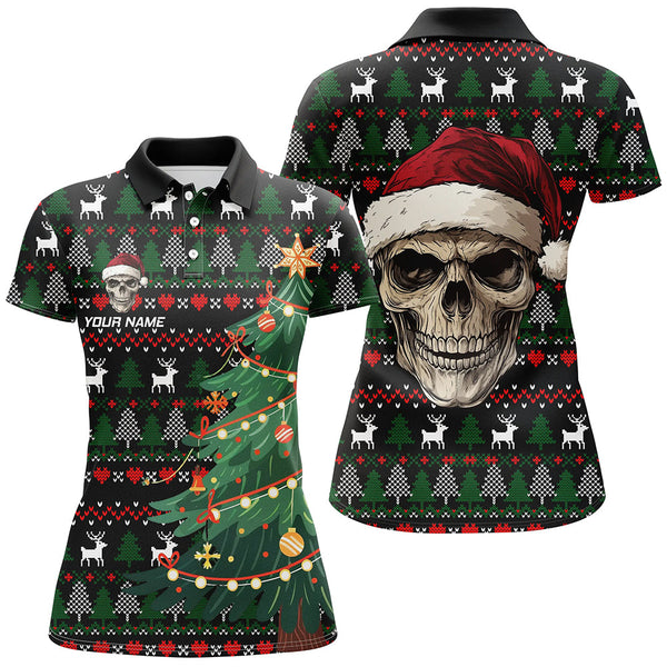 Maxcorners Funny Ugly Christmas Pattern Santa Skull Golf Polo Shirts Custom Xmas Gifts