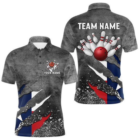 Maxcorners Gray Grunge Texas Flag Bowling Polo, Quarter Zip shirt for men Custom patriotic Team bowling jersey LM1903