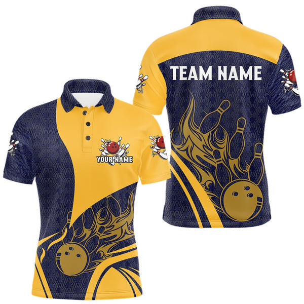 Maxcorners Blue and Yellow flame Bowling polo, 1/4 zip shirts for men custom Bowling team jerseys bowlers outfit MT0111