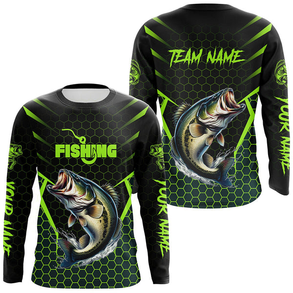 Maxcorners Black and Green Largemouth Bass Fishing Custom team name UV protection long sleeves fishing shirts MT2108