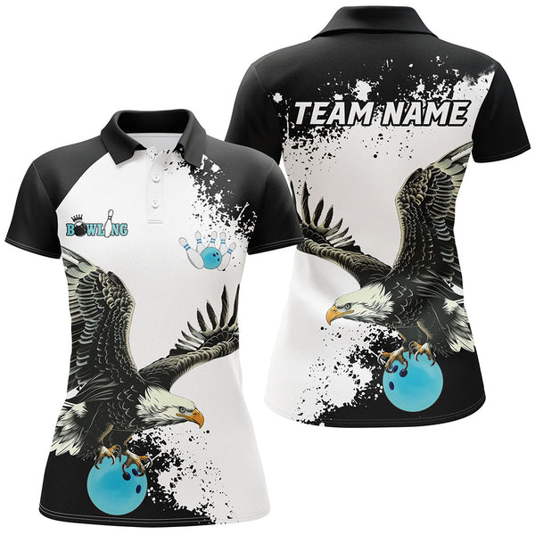 Maxcorners Black And White Mens Bowling Polo Shirts Custom Eagle Team Bowling Shirts, Gift For Bowlers | Blue