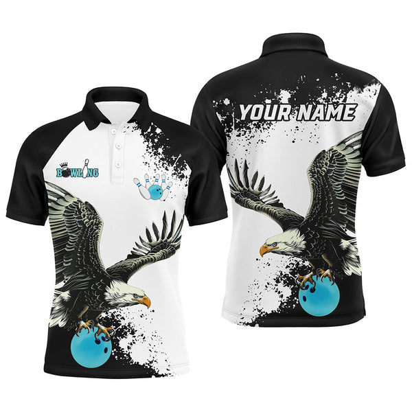 Maxcorners Black And White Mens Bowling Polo Shirts Custom Eagle Team Bowling Shirts, Gift For Bowlers | Blue