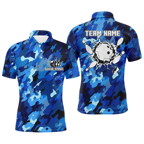 MaxCorners Bowling Ball And Pins Blue Camo Customized Name 3D Bowling Polo Shirt For Men