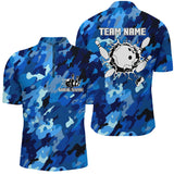 MaxCorners Bowling Ball And Pins Ball And Pins Blue Camo Customized Name, Team Name 3D Stand Collar Zipper Polo Shirt