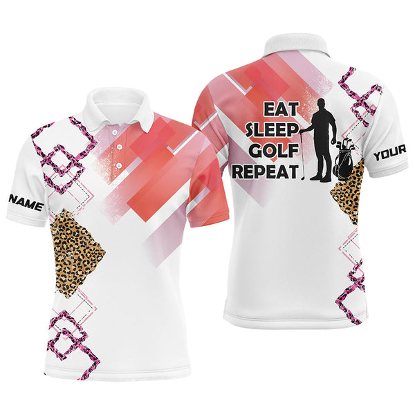 Maxcorners Funny Pink Leopard pattern White Men golf polo shirts custom Eat sleep golf repeat mens golf apparel