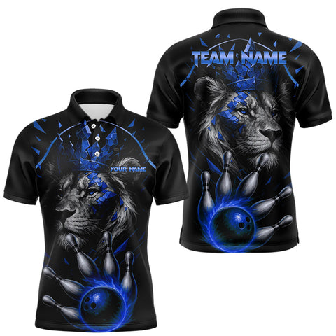 Maxcorners Custom Black and Blue Lion Bowling Polo, Quarter Zip shirts for Men, Lion Team Bowling Jerseys TU2908