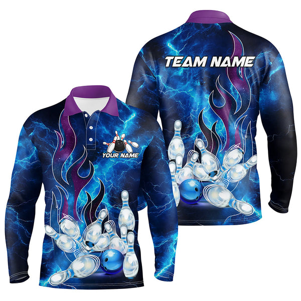 Maxcorners Blue Lightning Thunder Bowling Polo, 1/4 Zip Shirt Purple Flame Custom name Team Bowler Jersey